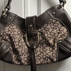 DKNY Brown and Cream Monogram Shoulder Bag